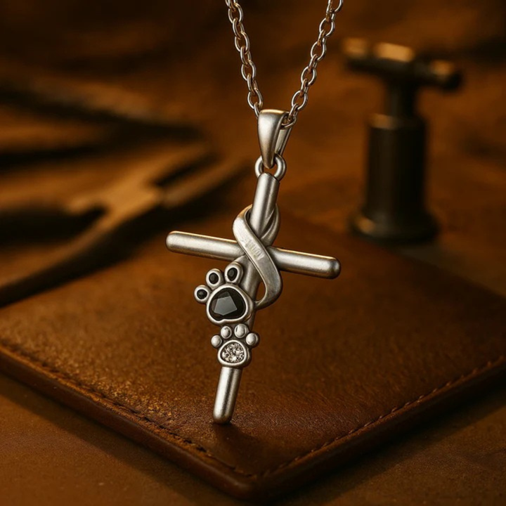 Silver Pendant with Footprints and a Cross