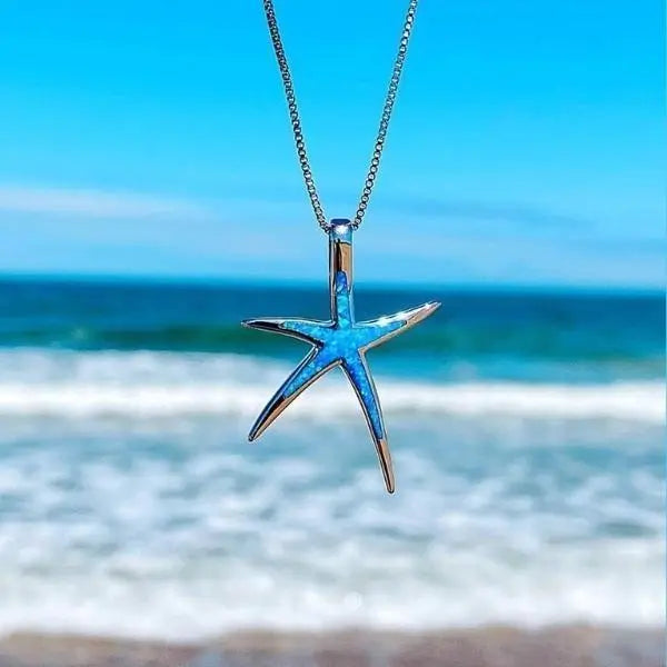 Necklace with a Golden Star in Silver with Blue Opal