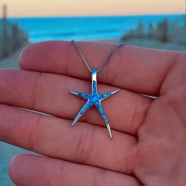 Necklace with a Golden Star in Silver with Blue Opal