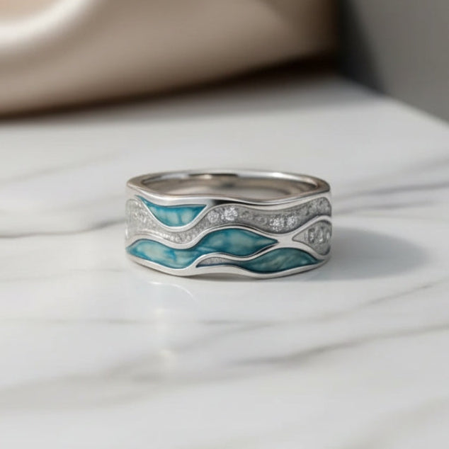Ring with Silver Waves and Turquoise