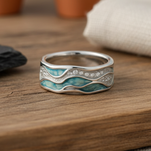 Ring with Silver Waves and Turquoise