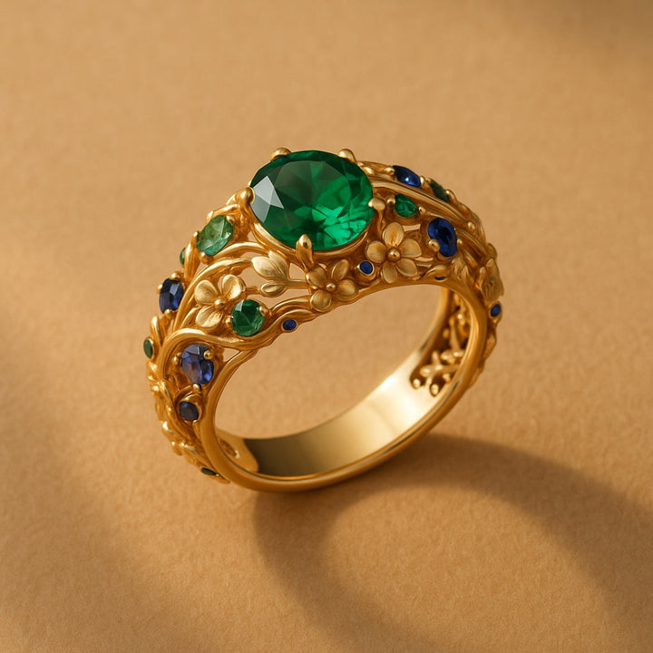 Gold ring with green and blue crystals