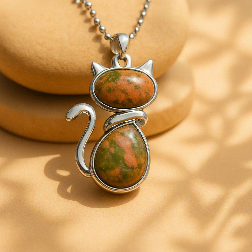 Necklace with a Cat Pendant made of Natural Stone
