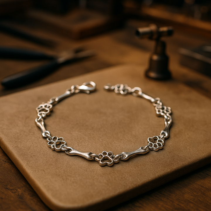 Silver bracelet with dog paw prints and a bone