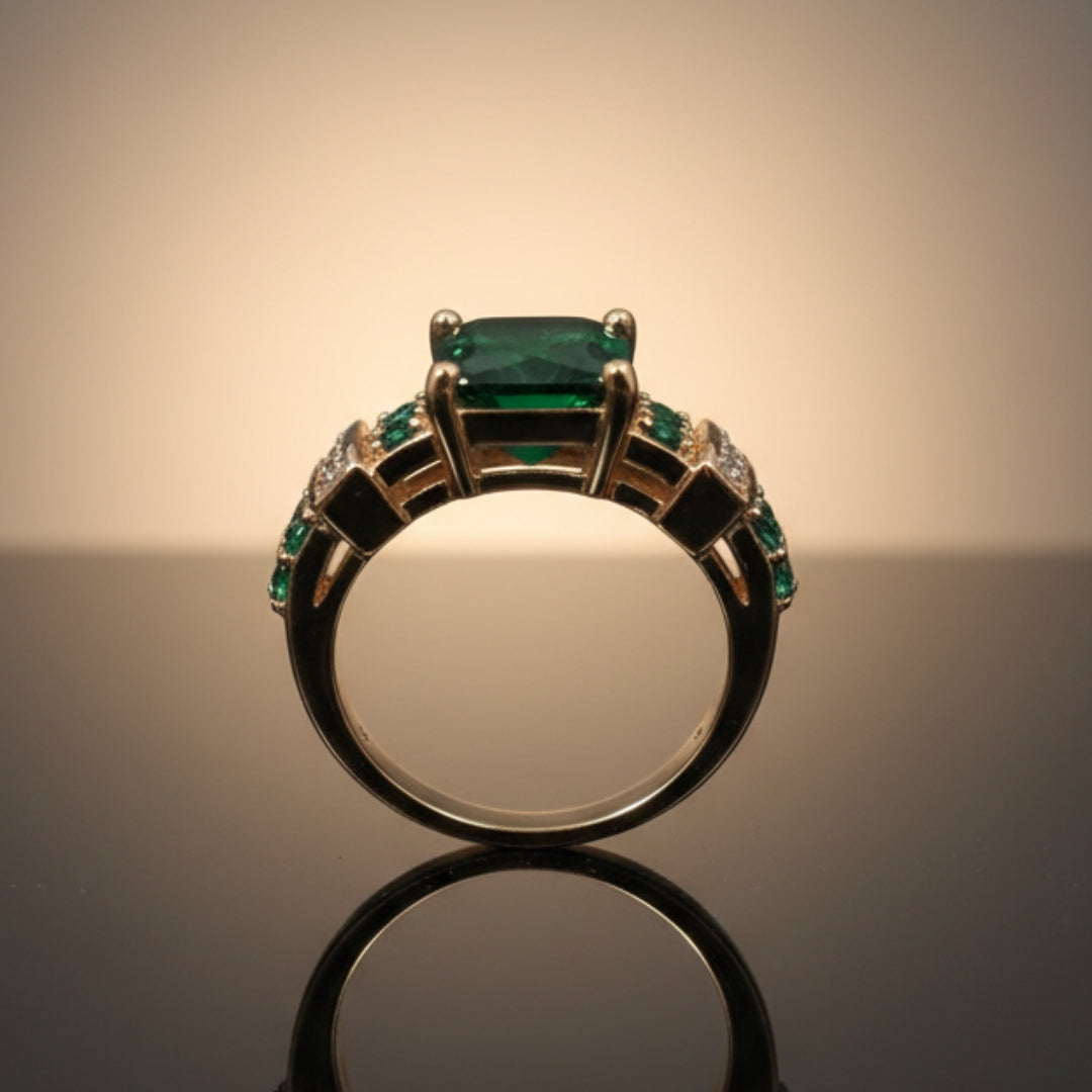 Gold ring with green crystal