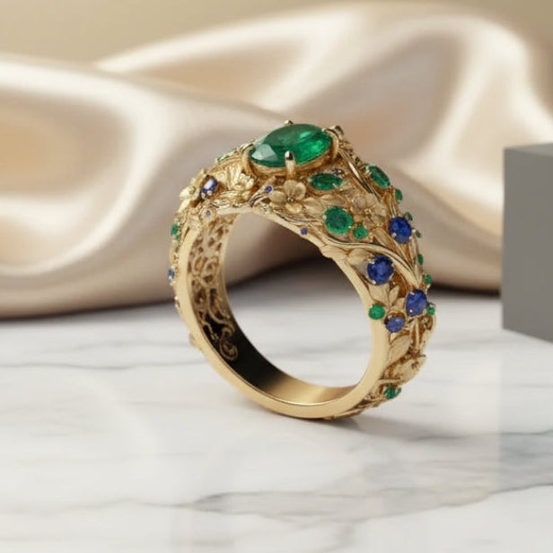 Gold ring with green and blue crystals
