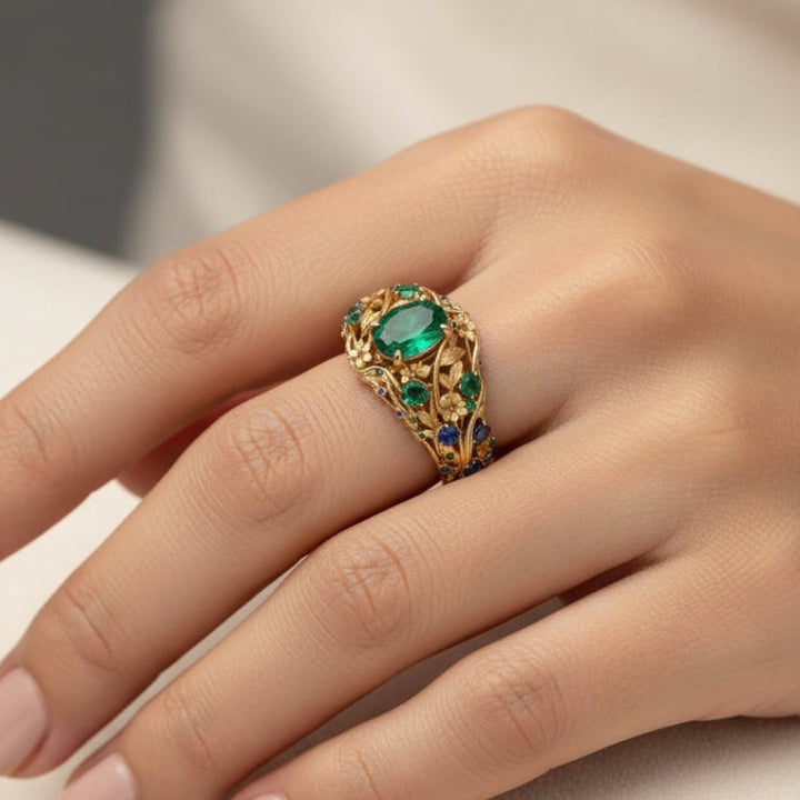Gold ring with green and blue crystals