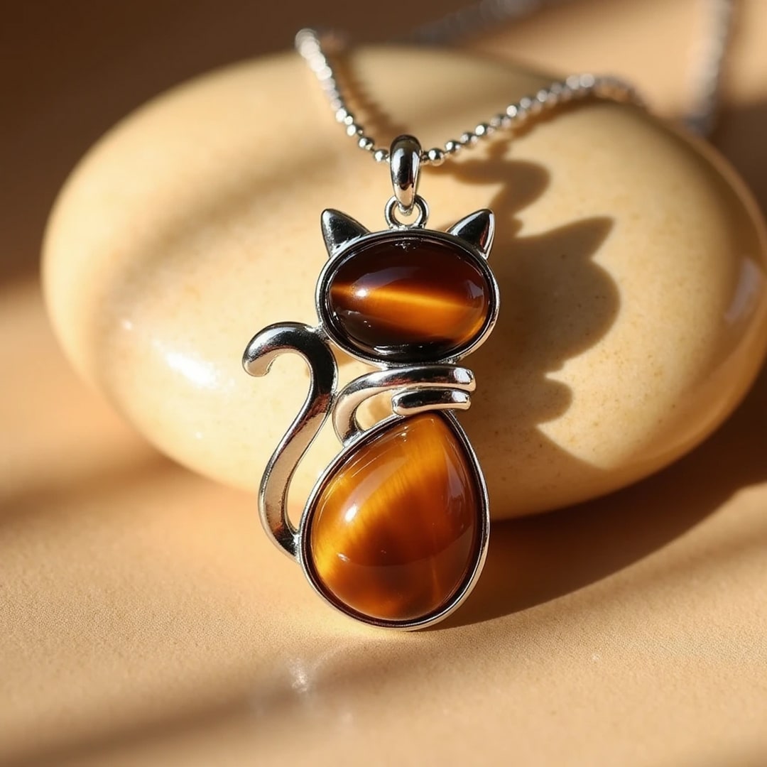 Necklace with a Cat Pendant made of Natural Stone