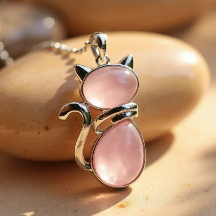 Necklace with a Cat Pendant made of Natural Stone