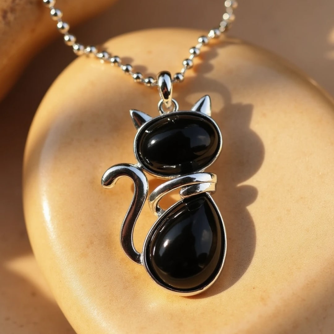 Necklace with a Cat Pendant made of Natural Stone