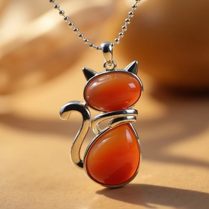 Necklace with a Cat Pendant made of Natural Stone