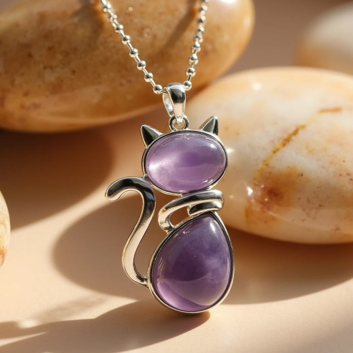 Necklace with a Cat Pendant made of Natural Stone
