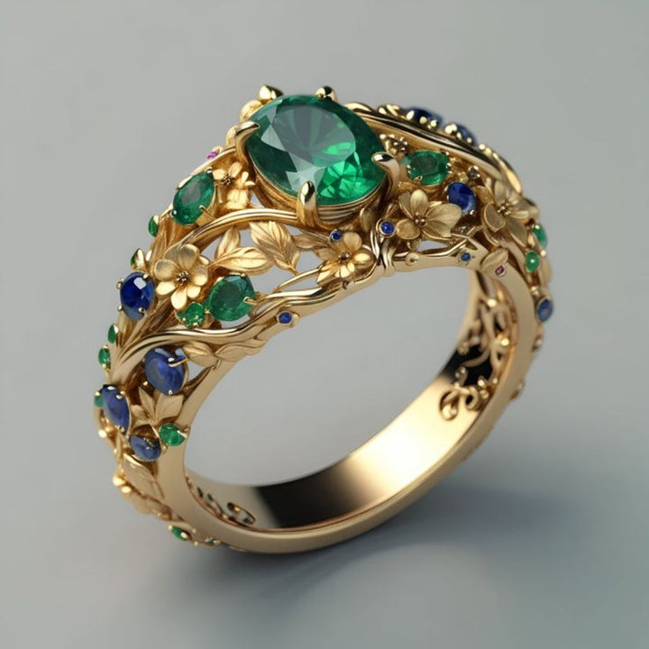 Gold ring with green and blue crystals