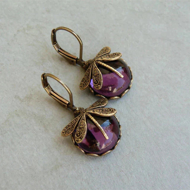Dragonfly-shaped earrings, round, antique gold colour
