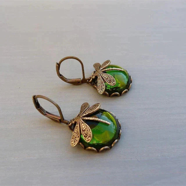 Dragonfly-shaped earrings, round, antique gold colour