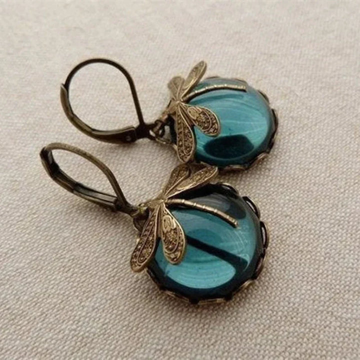 Dragonfly-shaped earrings, round, antique gold colour