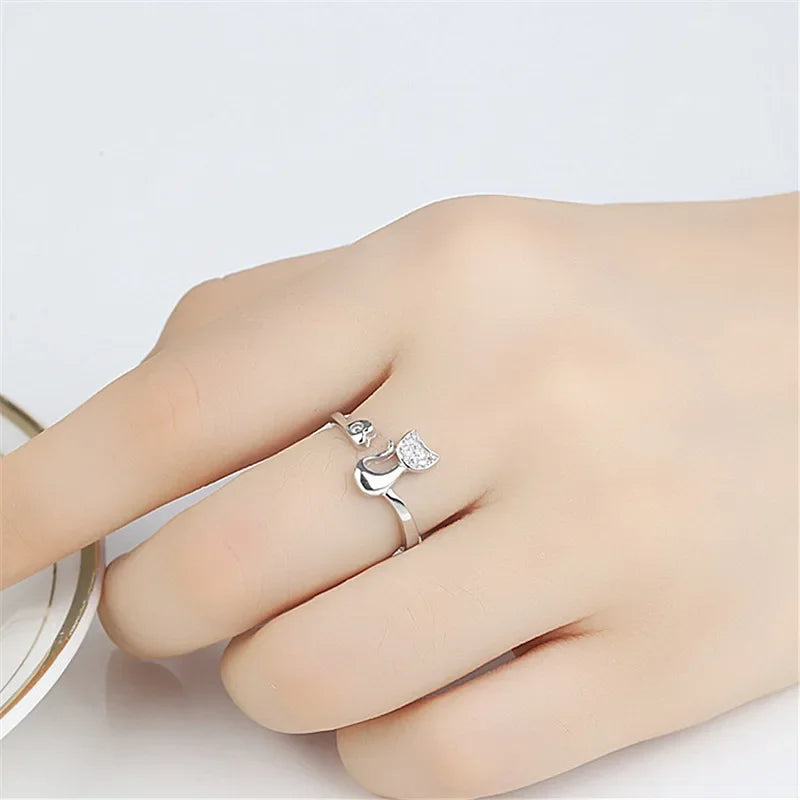Shadow Open Ring with Cat Motif – Zirconia