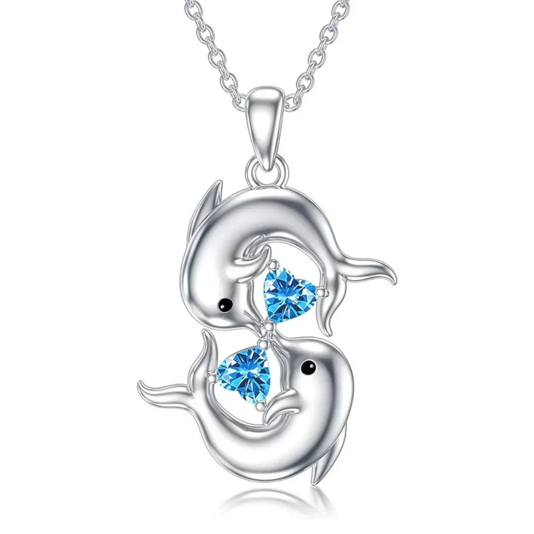 Silver Necklace with Double Dolphins and Blue Crystal