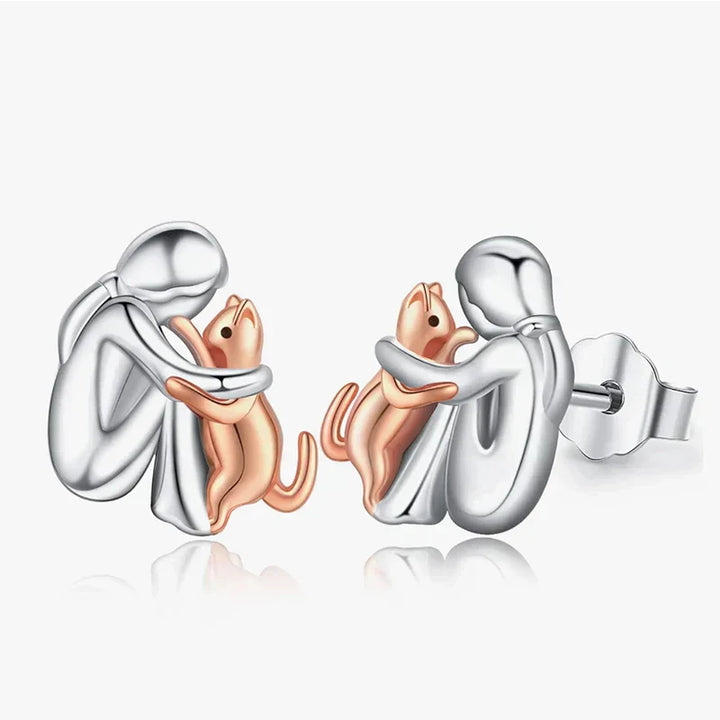 Two-Tone Silver and Gold Cat Hug Earrings