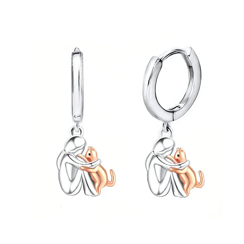Two-Tone Silver and Gold Cat Hug Earrings