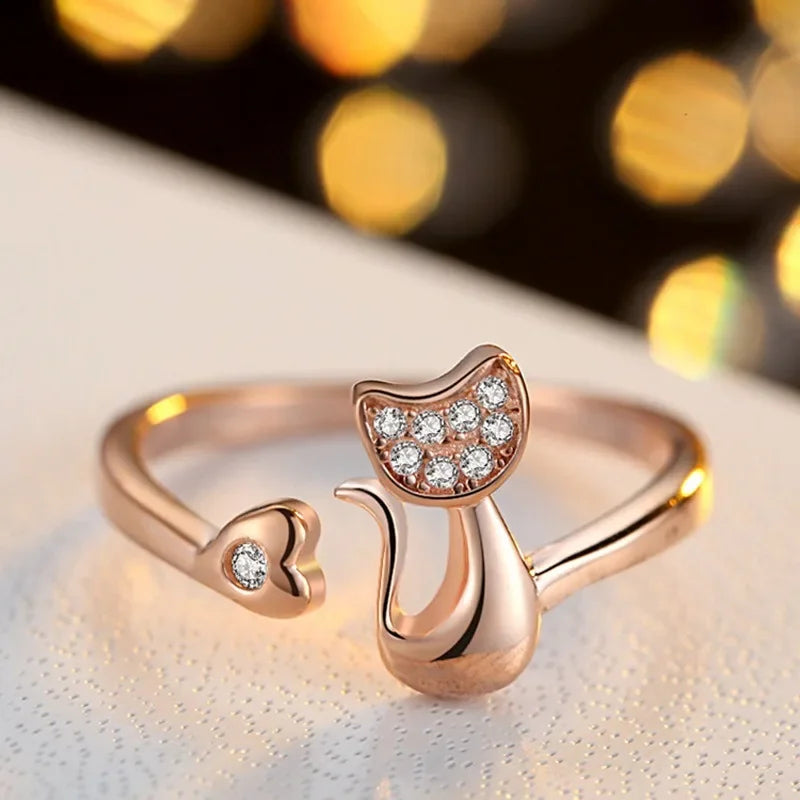 Shadow Open Ring with Cat Motif – Zirconia