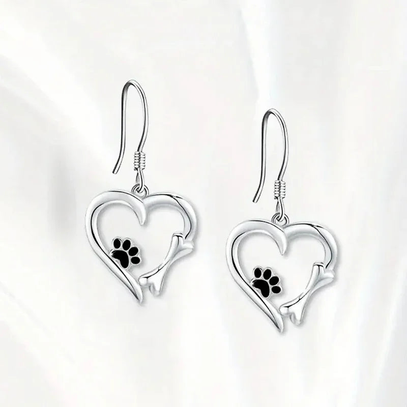 Silver Drop Earrings with Heart and Footprint Motif
