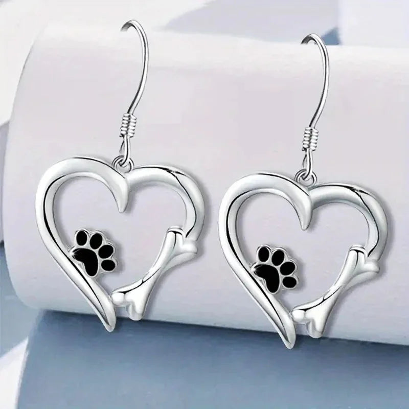 Silver Drop Earrings with Heart and Footprint Motif