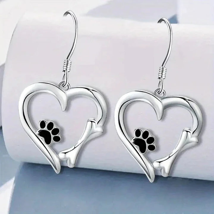 Silver Drop Earrings with Heart and Footprint Motif
