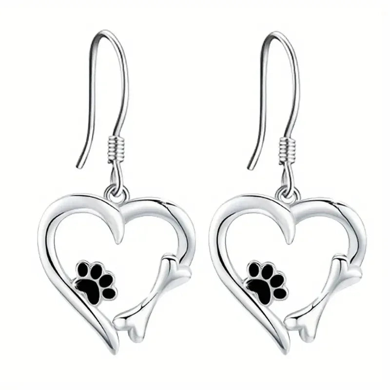 Silver Drop Earrings with Heart and Footprint Motif
