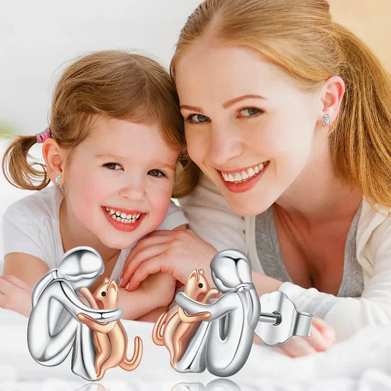 Two-Tone Silver and Gold Cat Hug Earrings