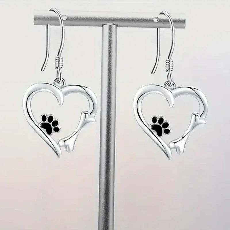 Silver Drop Earrings with Heart and Footprint Motif