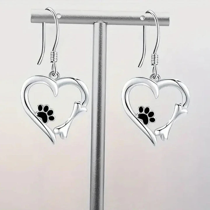 Silver Drop Earrings with Heart and Footprint Motif