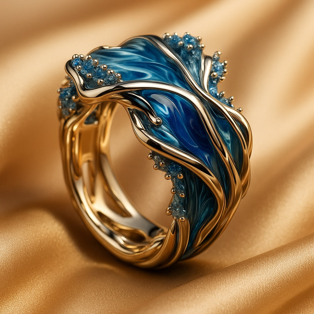Golden Vintage Ring with Ocean Waves