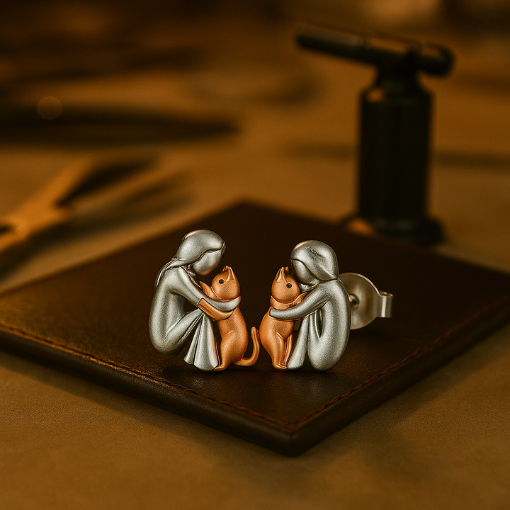 Two-Tone Silver and Gold Cat Hug Earrings