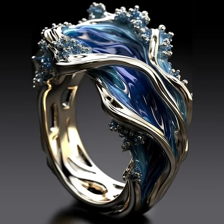 Golden Vintage Ring with Ocean Waves