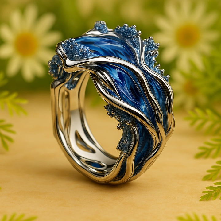 Golden Vintage Ring with Ocean Waves
