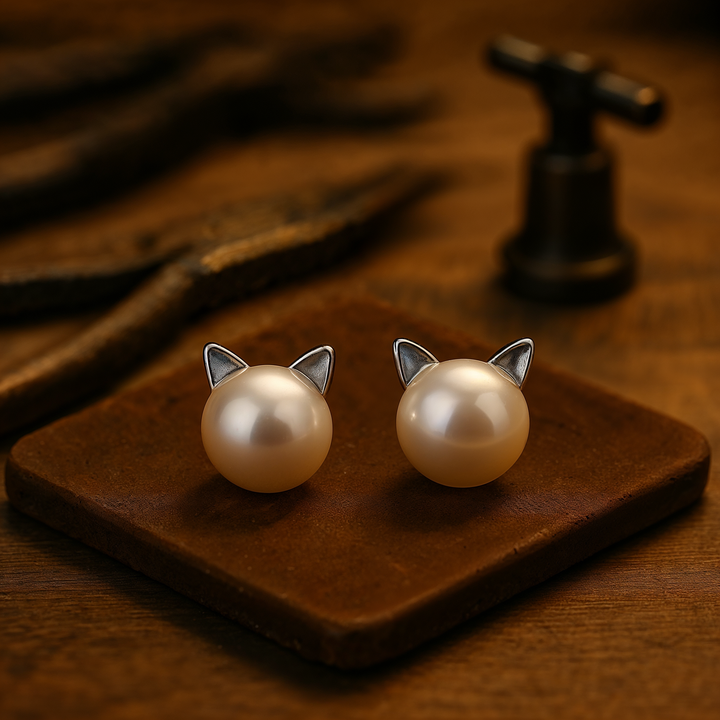 Silver earrings with a pearl and cat motif