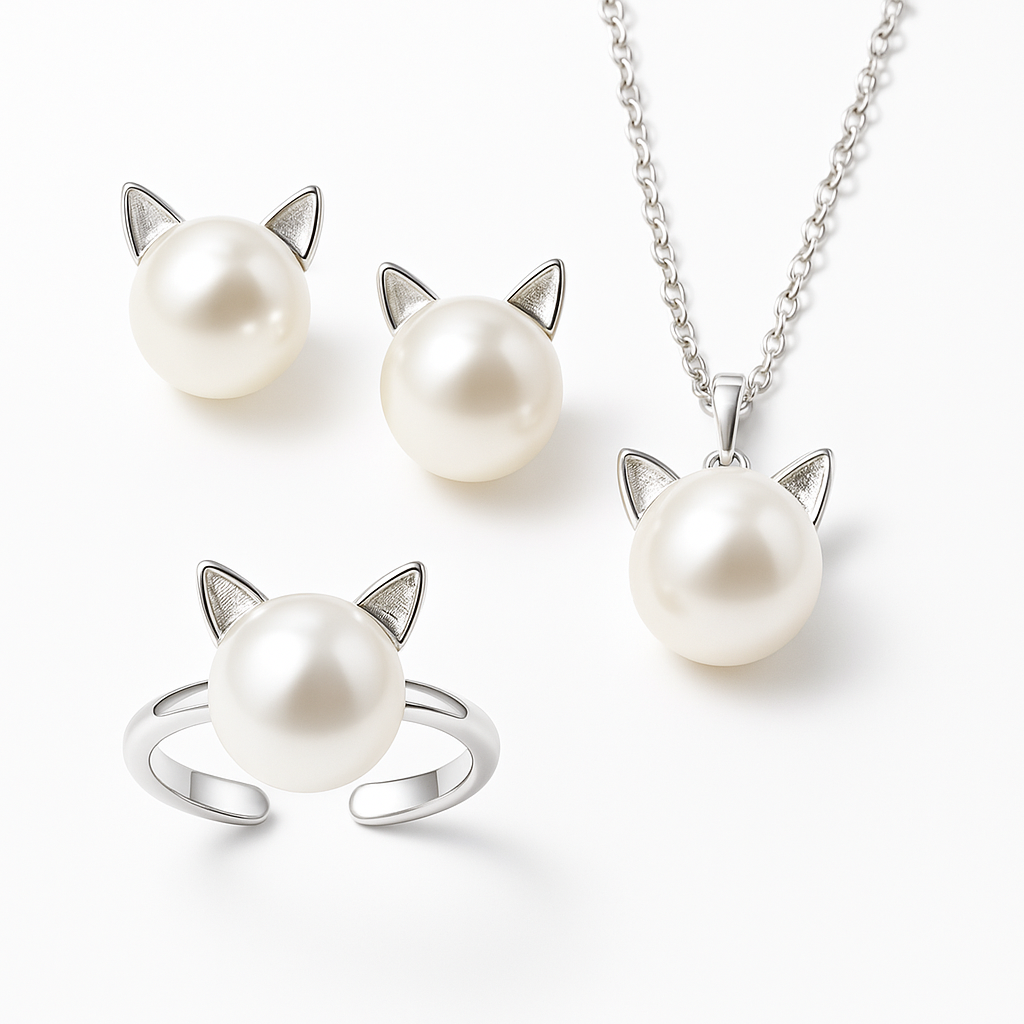 Beautiful Cat and Pearl Necklaces with Earrings and Ring