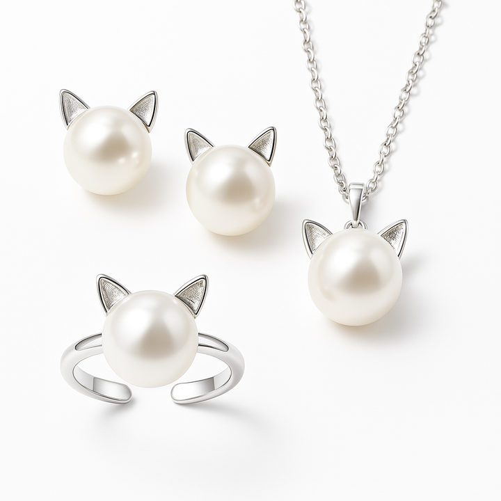 Beautiful Cat and Pearl Necklaces with Earrings and Ring
