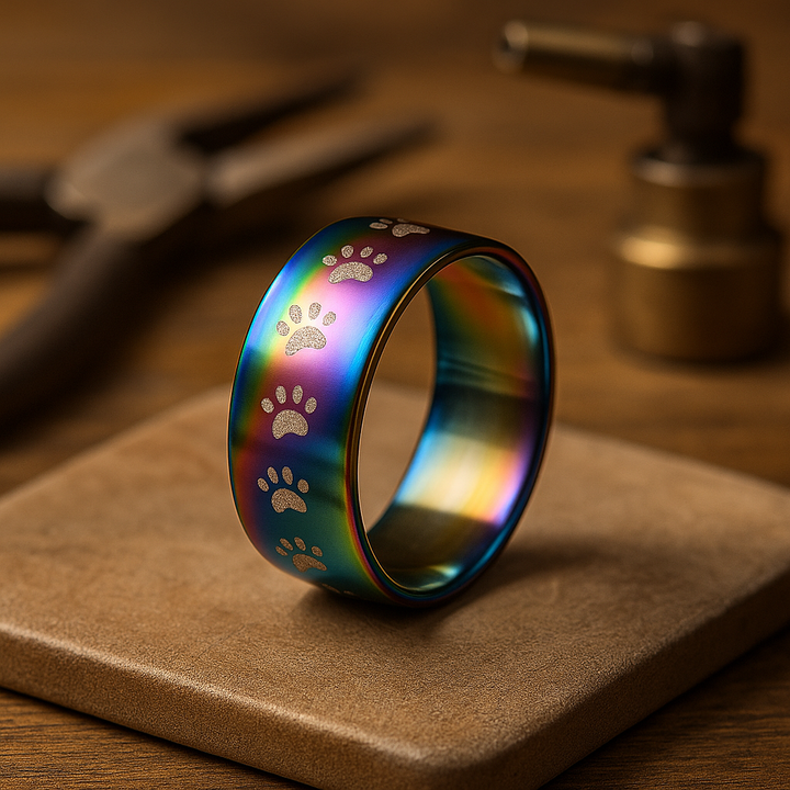 Handmade stainless steel ring in rainbow colours with a paw print.