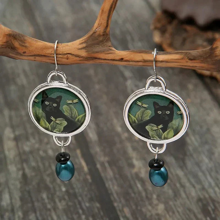 Vintage Tropical Black Cat Earrings