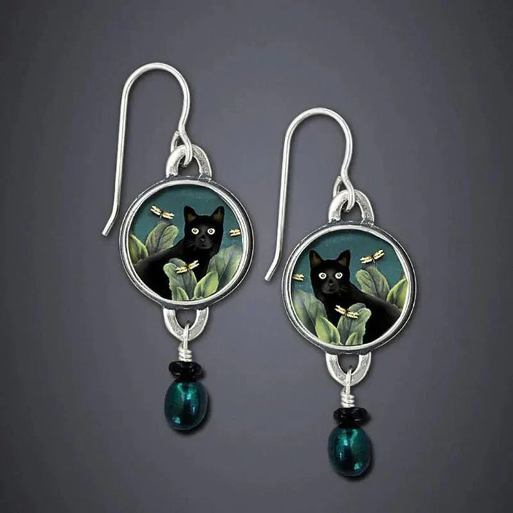 Vintage Tropical Black Cat Earrings